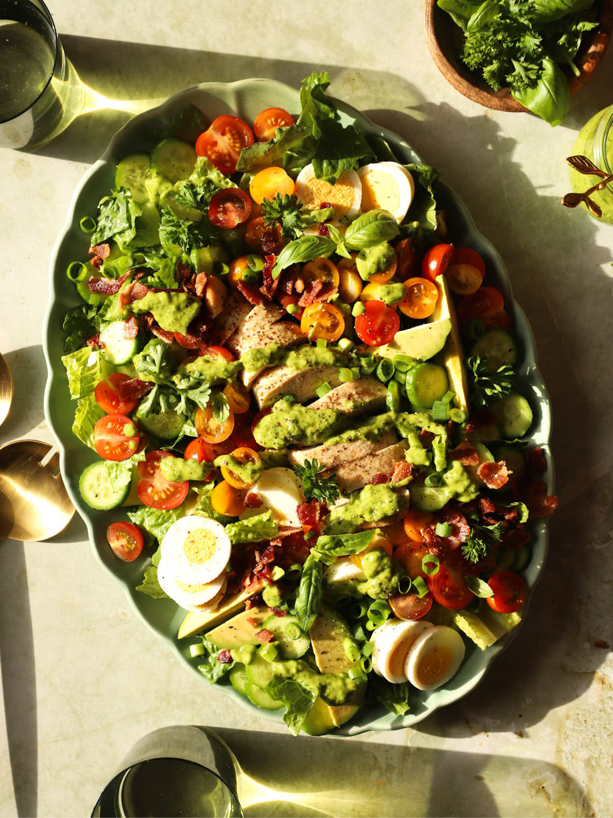 California Cobb Mason Jar Salad with Green Goddess Dressing {gluten-free,  keto, paleo + Whole30 options} - Tasty Yummies